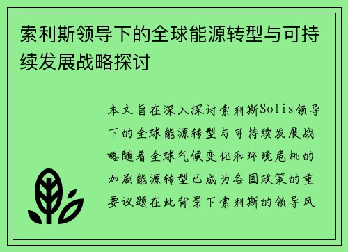 索利斯领导下的全球能源转型与可持续发展战略探讨